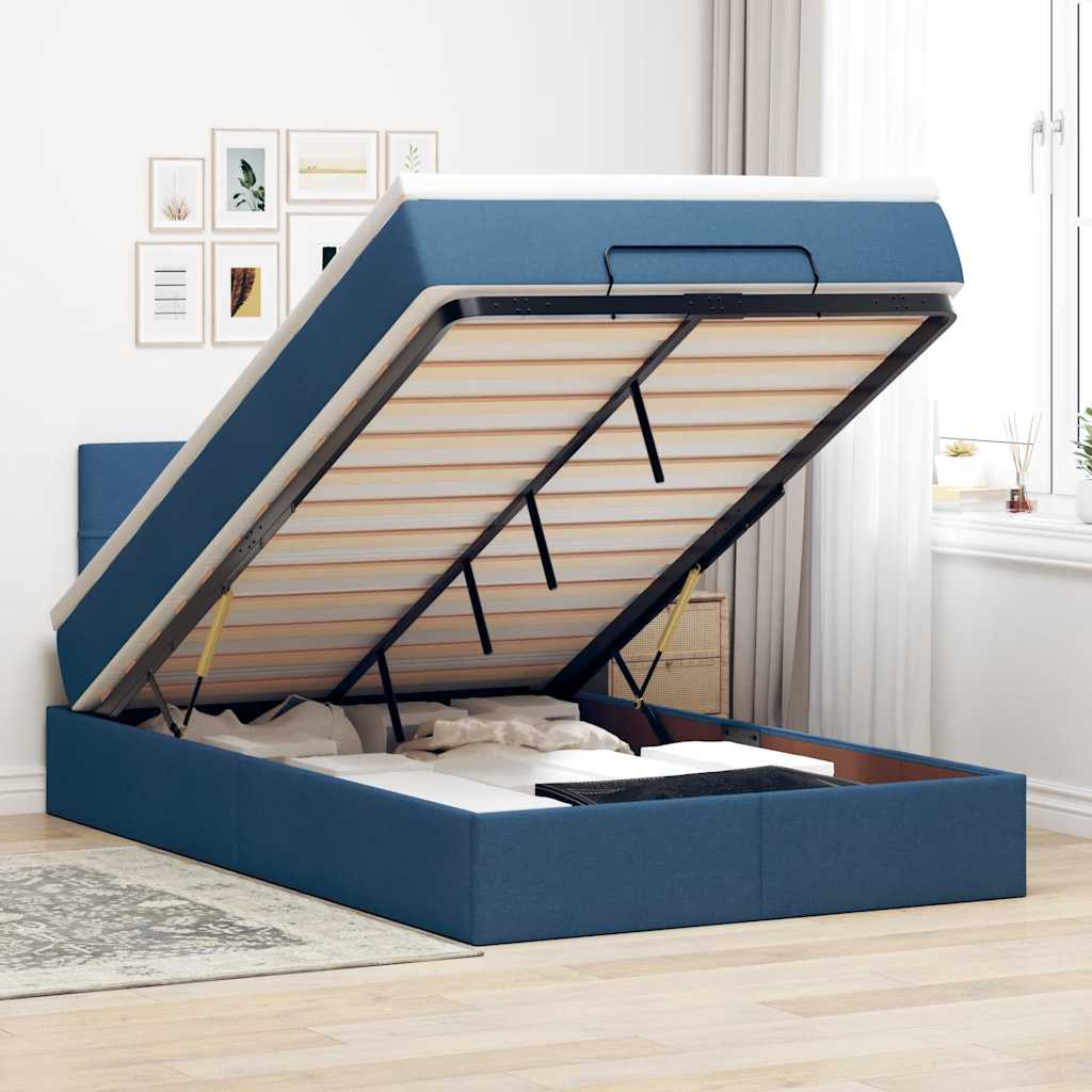Cadre de lit ottoman avec matelas bleu 120x190 cm tissu - XIOS