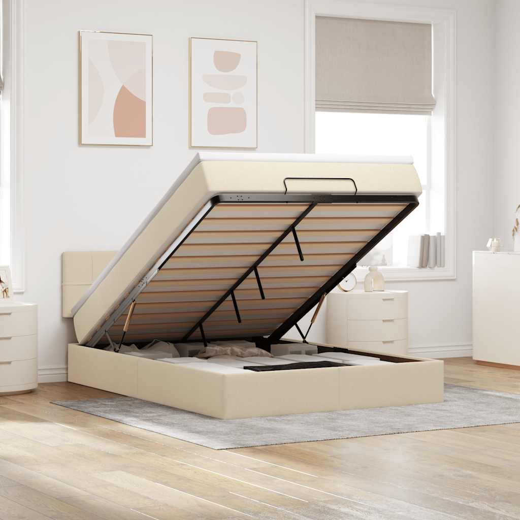 Lit ottoman avec matelas crème 140x190 cm tissu - XIOS