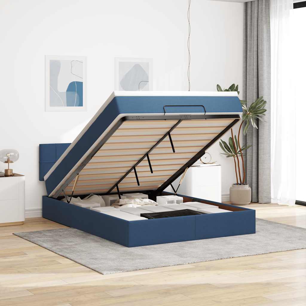 Cadre de lit ottoman avec matelas bleu 140x200 cm tissu