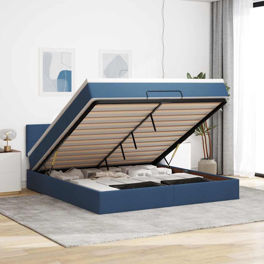 Cadre de lit ottoman avec matelas bleu 160x200 cm tissu