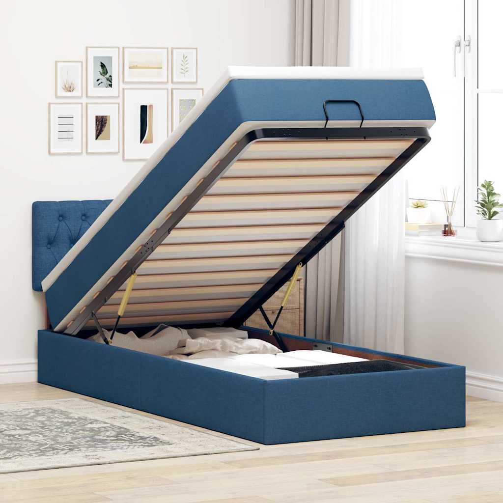 Cadre de lit ottoman avec matelas bleu 80x200 cm tissu - XIOS