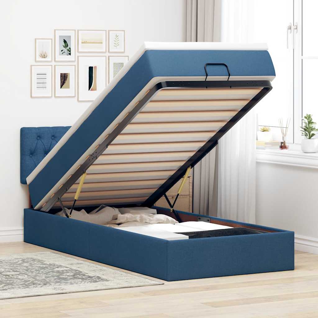 Cadre de lit ottoman avec matelas bleu 90x190 cm tissu