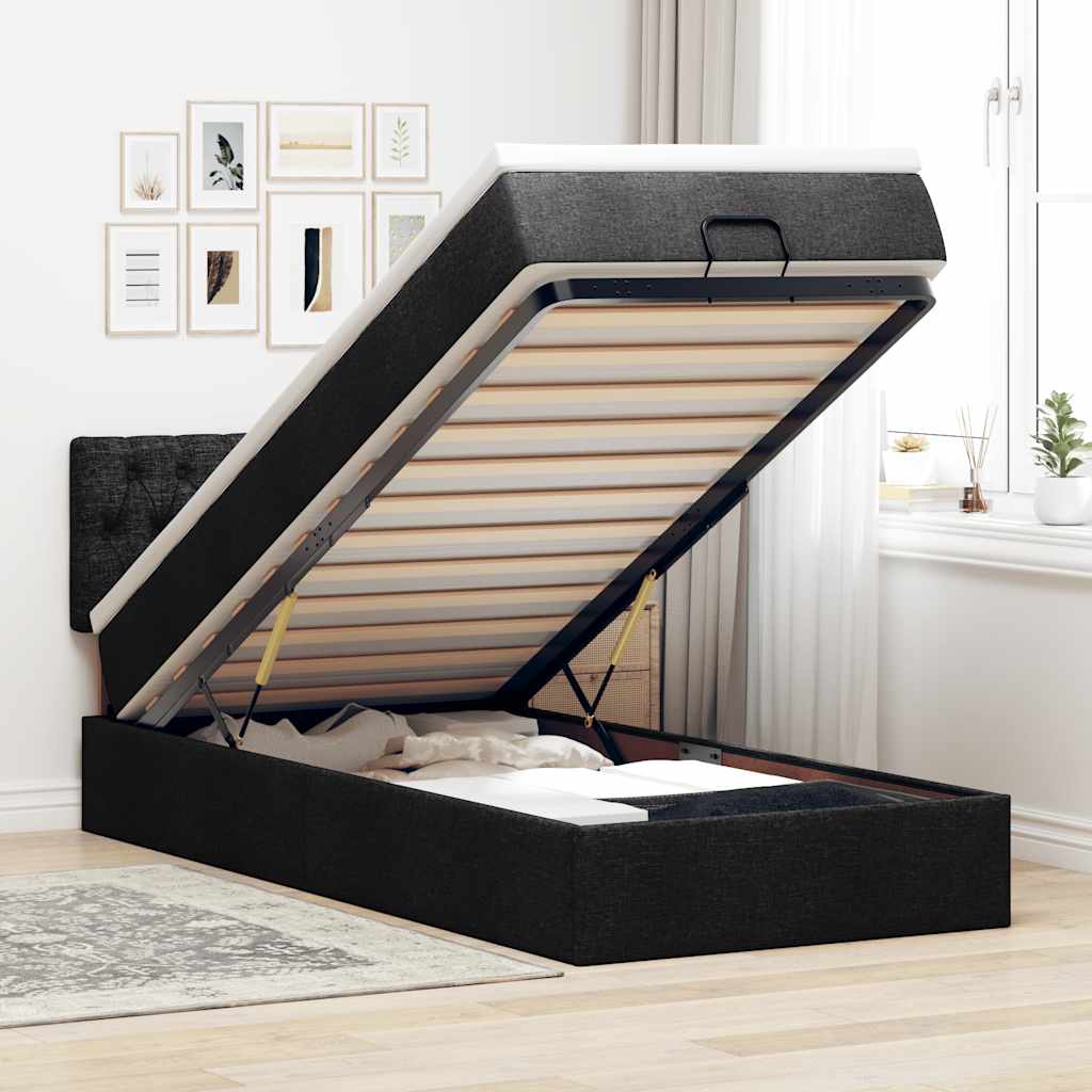 Lit ottoman avec matelas noir 90x200 cm tissu - XIOS