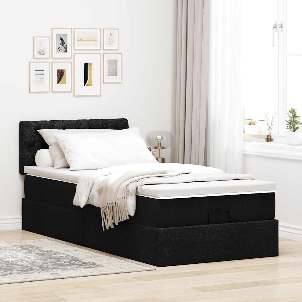Lit ottoman avec matelas noir 90x200 cm tissu - XIOS