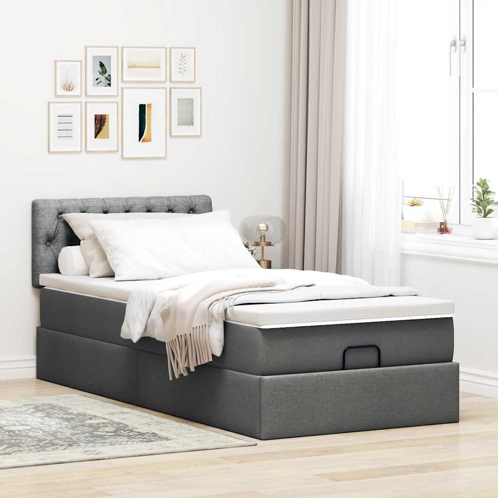 Cadre de lit ottoman avec matelas gris foncé 100x200 cm tissu - XIOS