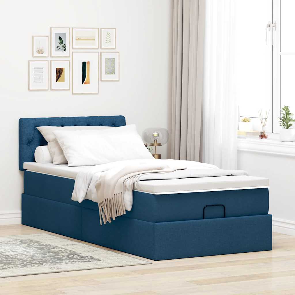 Lit ottoman avec matelas bleu 100x200 cm tissu - XIOS