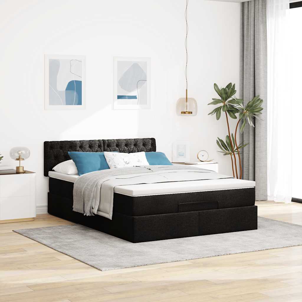 Lit ottoman avec matelas noir 140x190 cm tissu - XIOS
