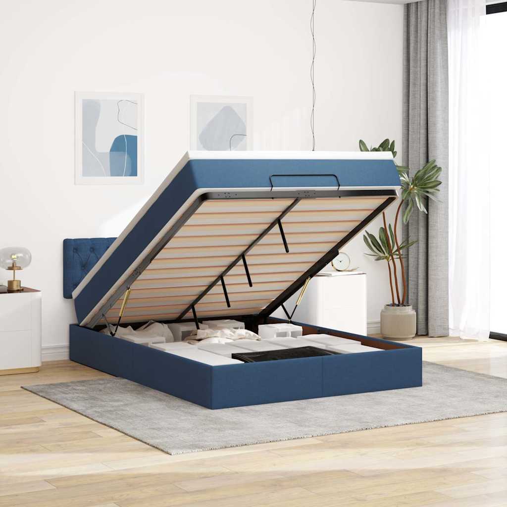 Cadre de lit ottoman avec matelas bleu 140x200 cm tissu