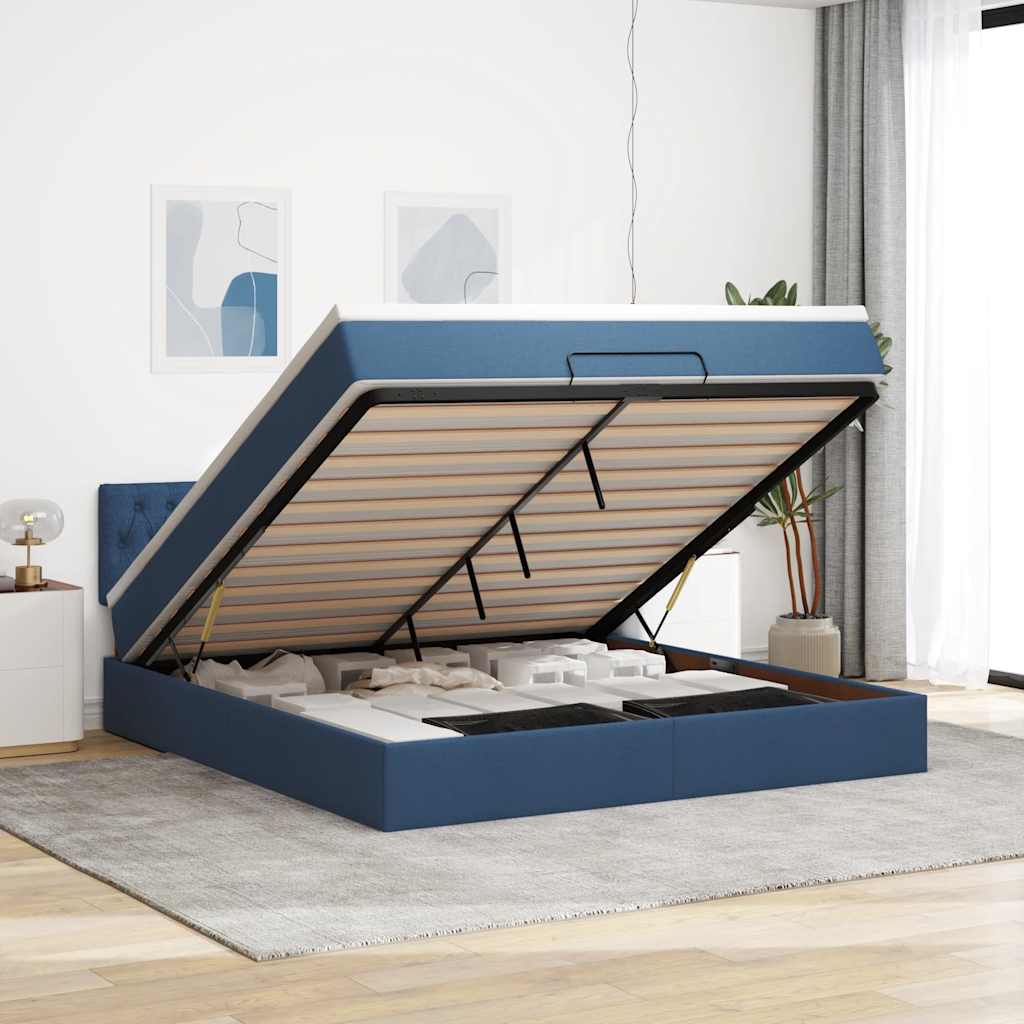 Cadre de lit ottoman avec matelas bleu 160x200 cm tissu