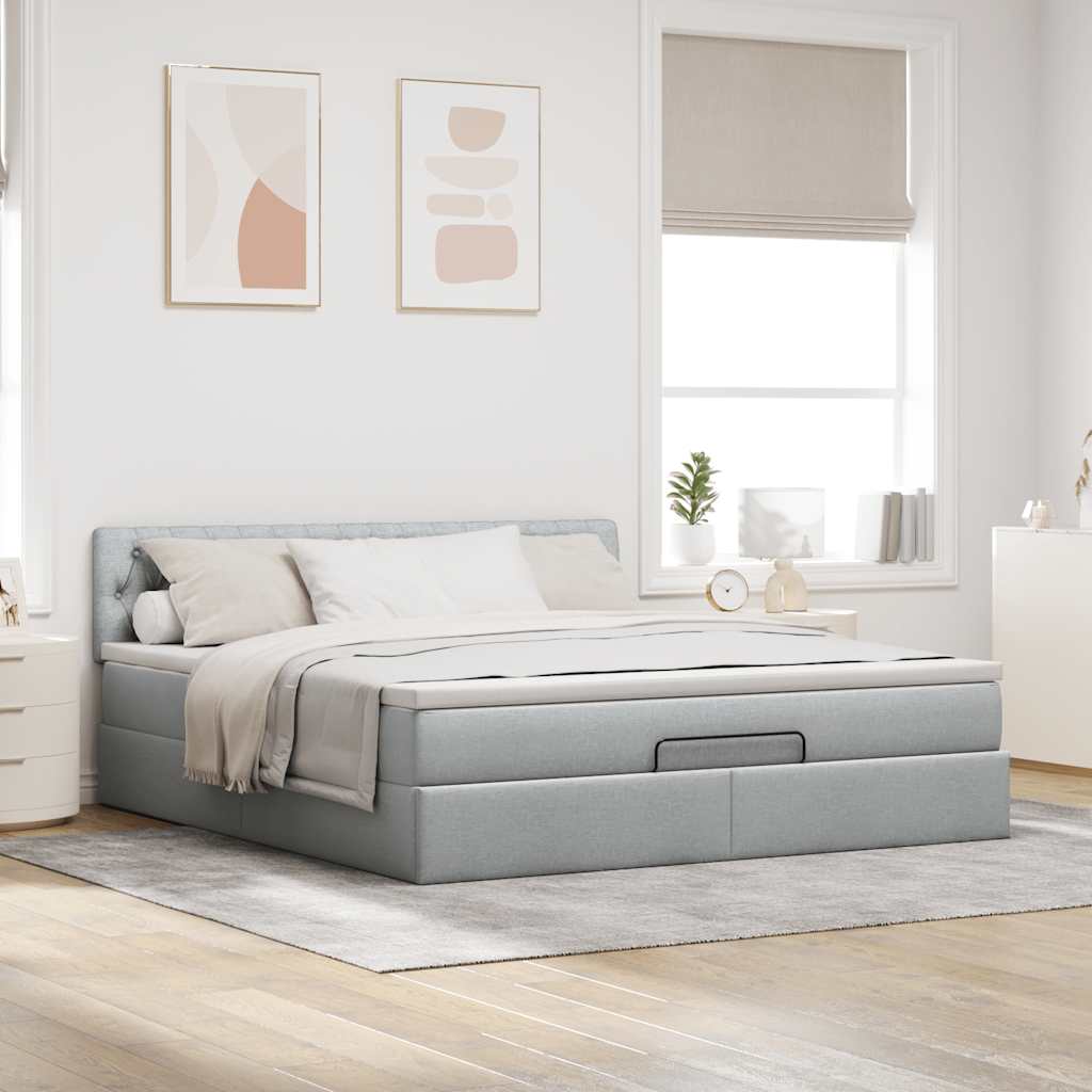 Cadre de lit ottoman et matelas gris clair 180x200 cm tissu - XIOS