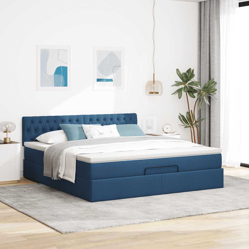 Cadre de lit ottoman avec matelas bleu 180x200 cm tissu - XIOS