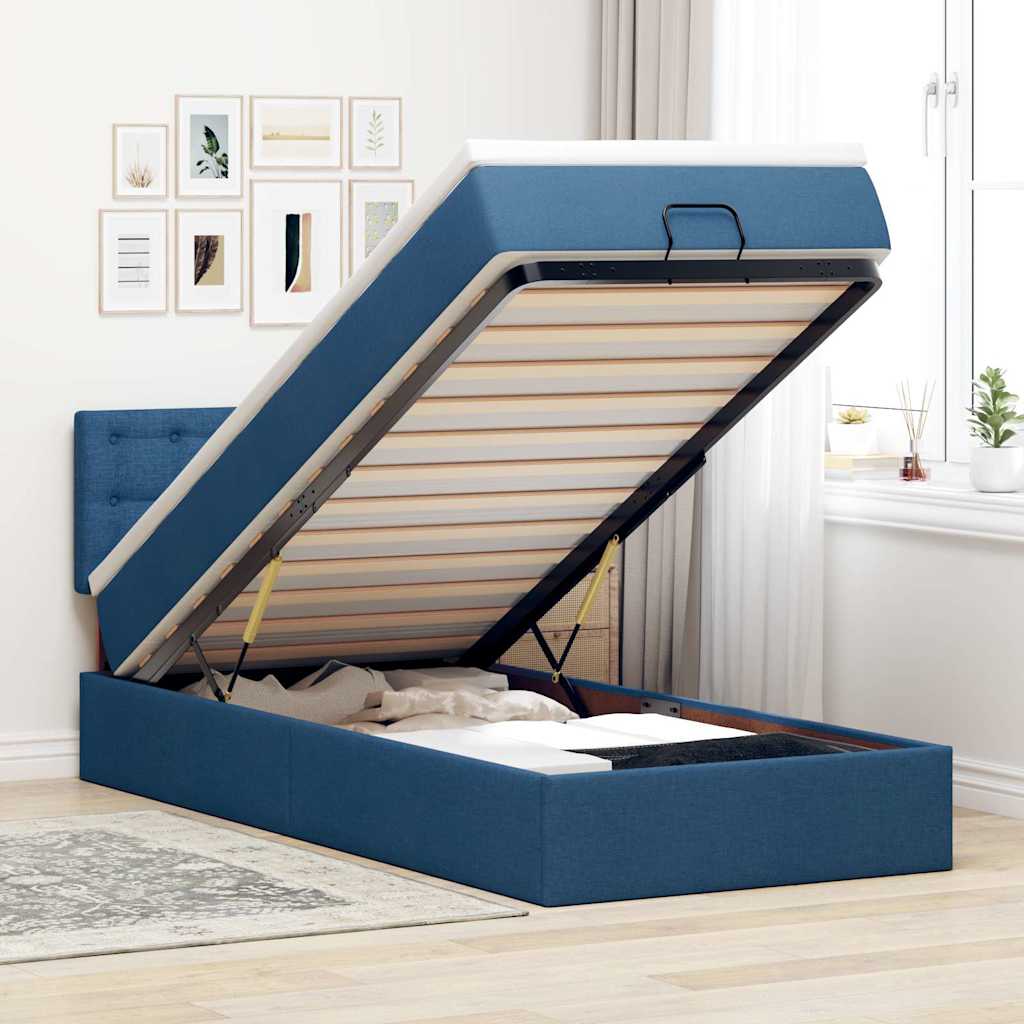 Cadre de lit ottoman avec matelas bleu 80x200 cm tissu - XIOS