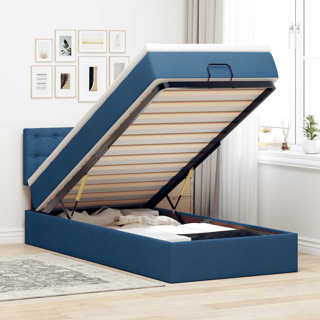Cadre de lit ottoman avec matelas bleu 90x190 cm tissu - XIOS