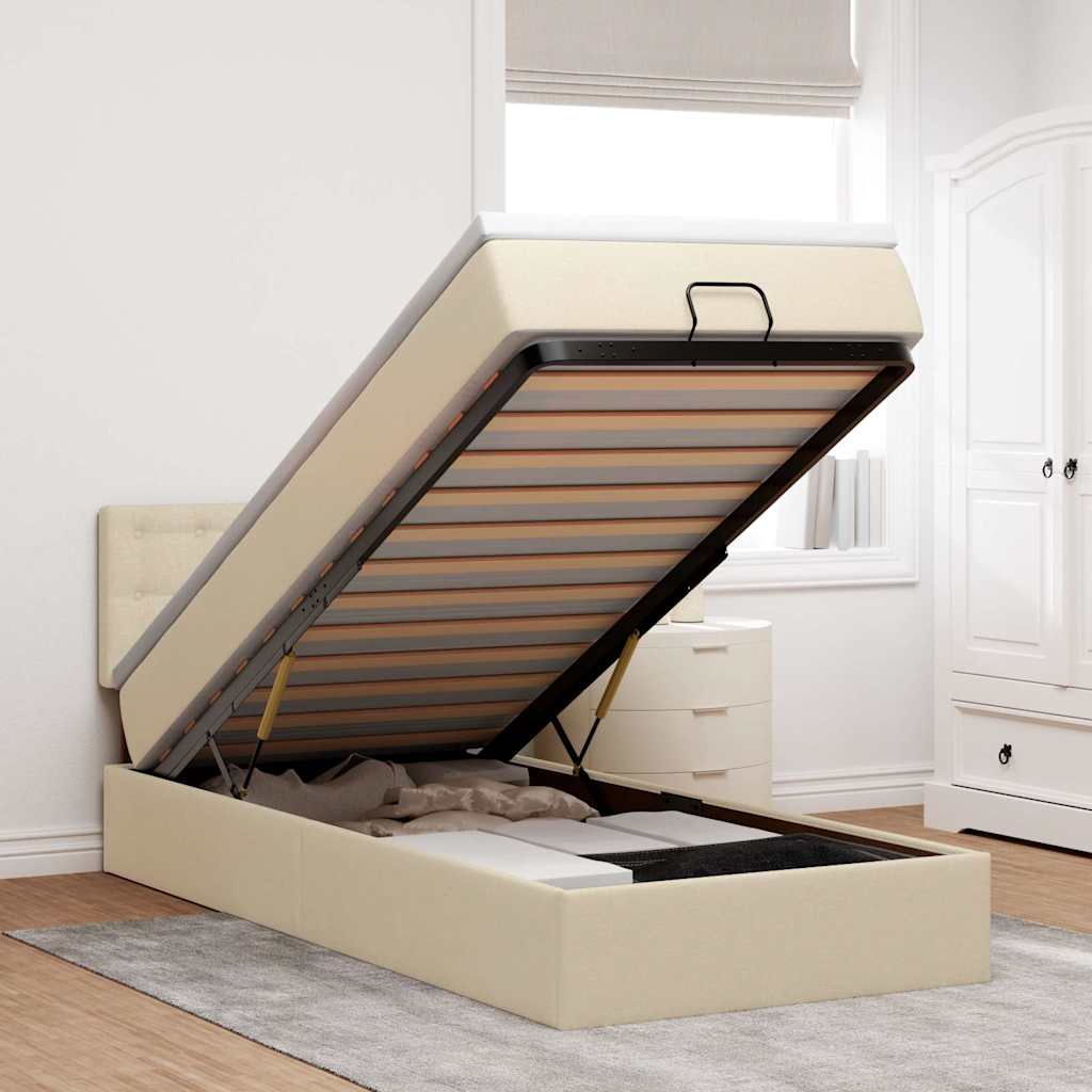 Lit ottoman avec matelas crème 100x200 cm tissu - XIOS