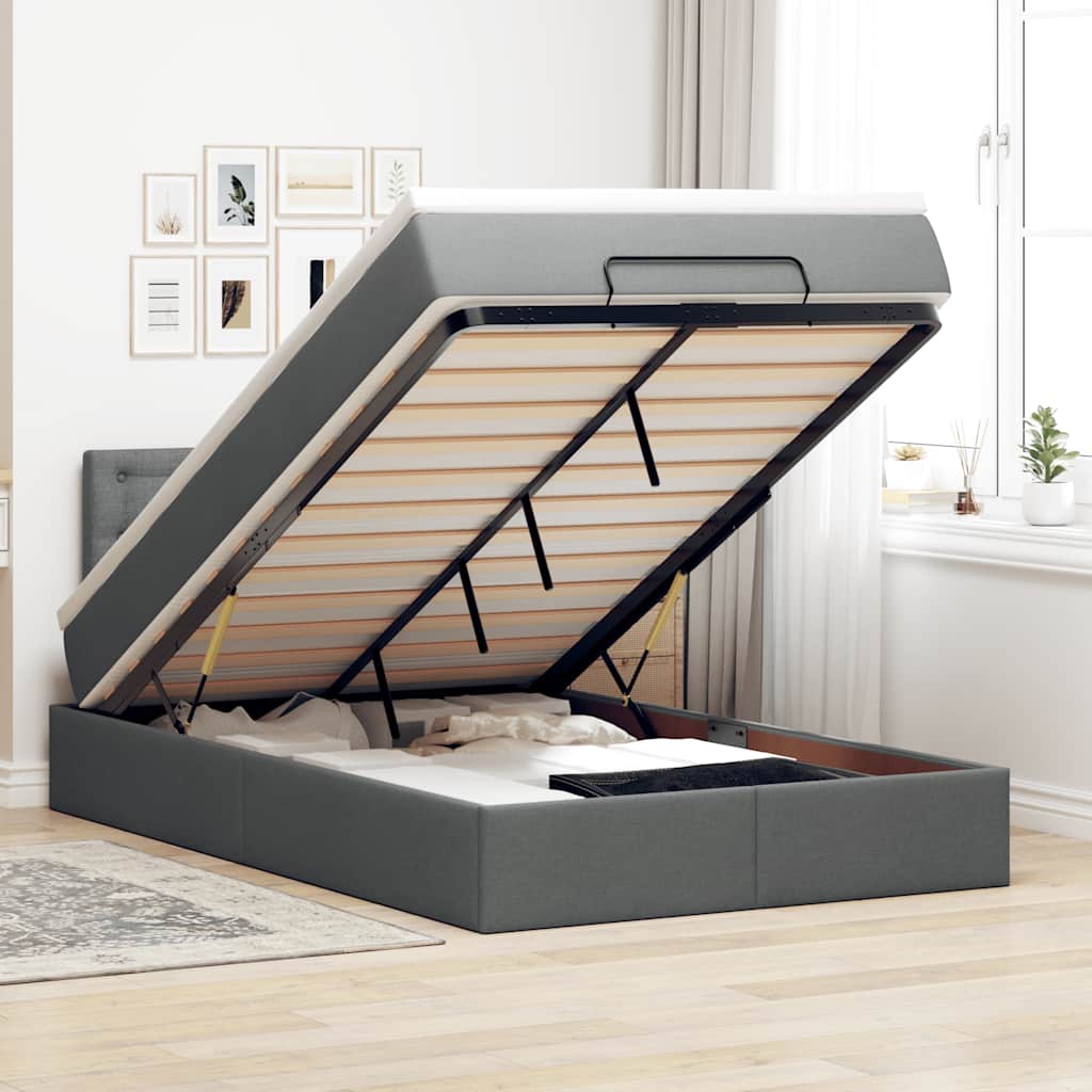 Lit ottoman avec matelas gris foncé 120x190 cm tissu