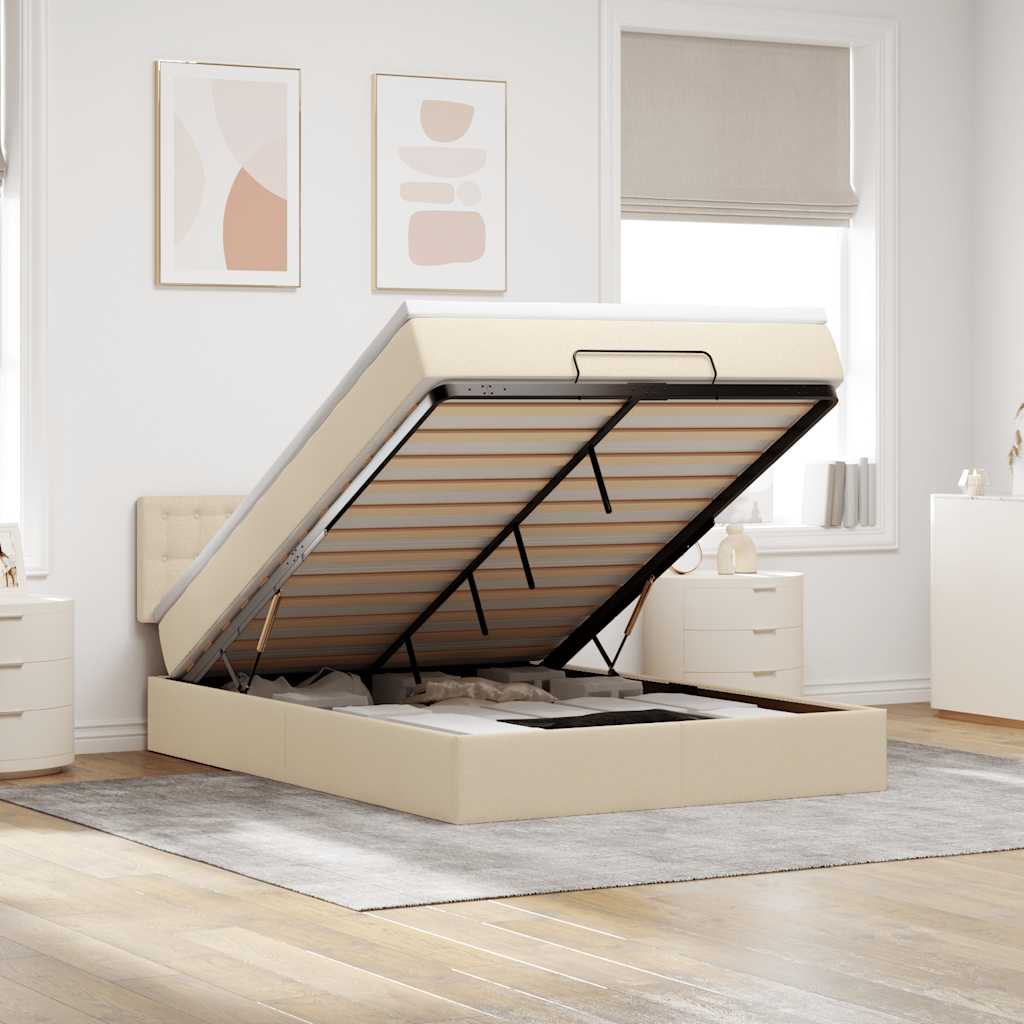 Lit ottoman avec matelas crème 140x190 cm tissu - XIOS
