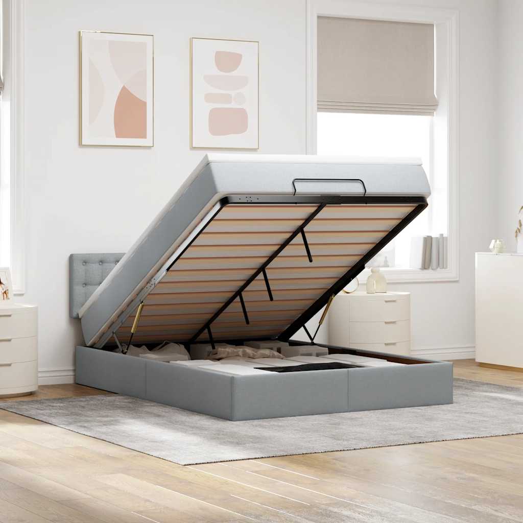 Cadre de lit ottoman et matelas gris clair 140x200 cm tissu - XIOS