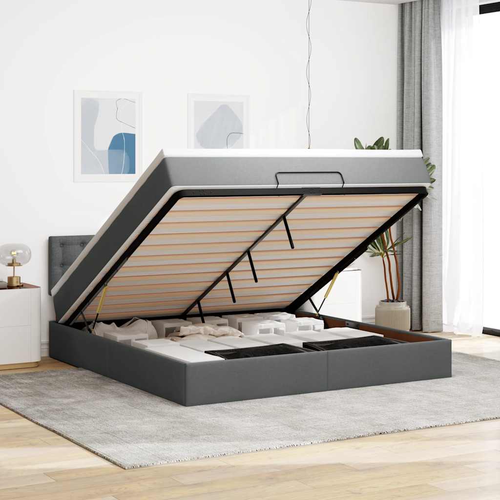 Cadre de lit ottoman avec matelas gris foncé 160x200cm tissu - XIOS