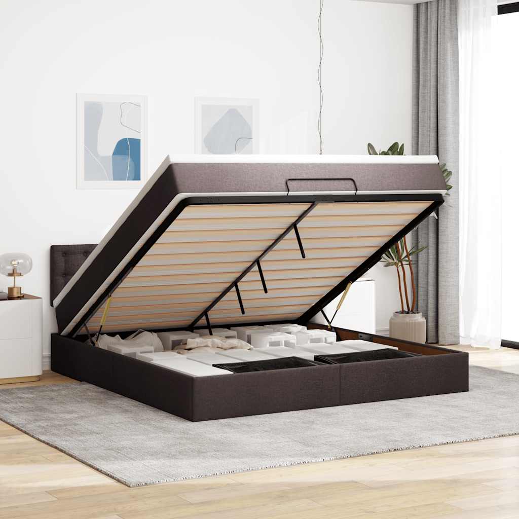 Cadre de lit ottoman avec matelas marron foncé 160x200 cm tissu