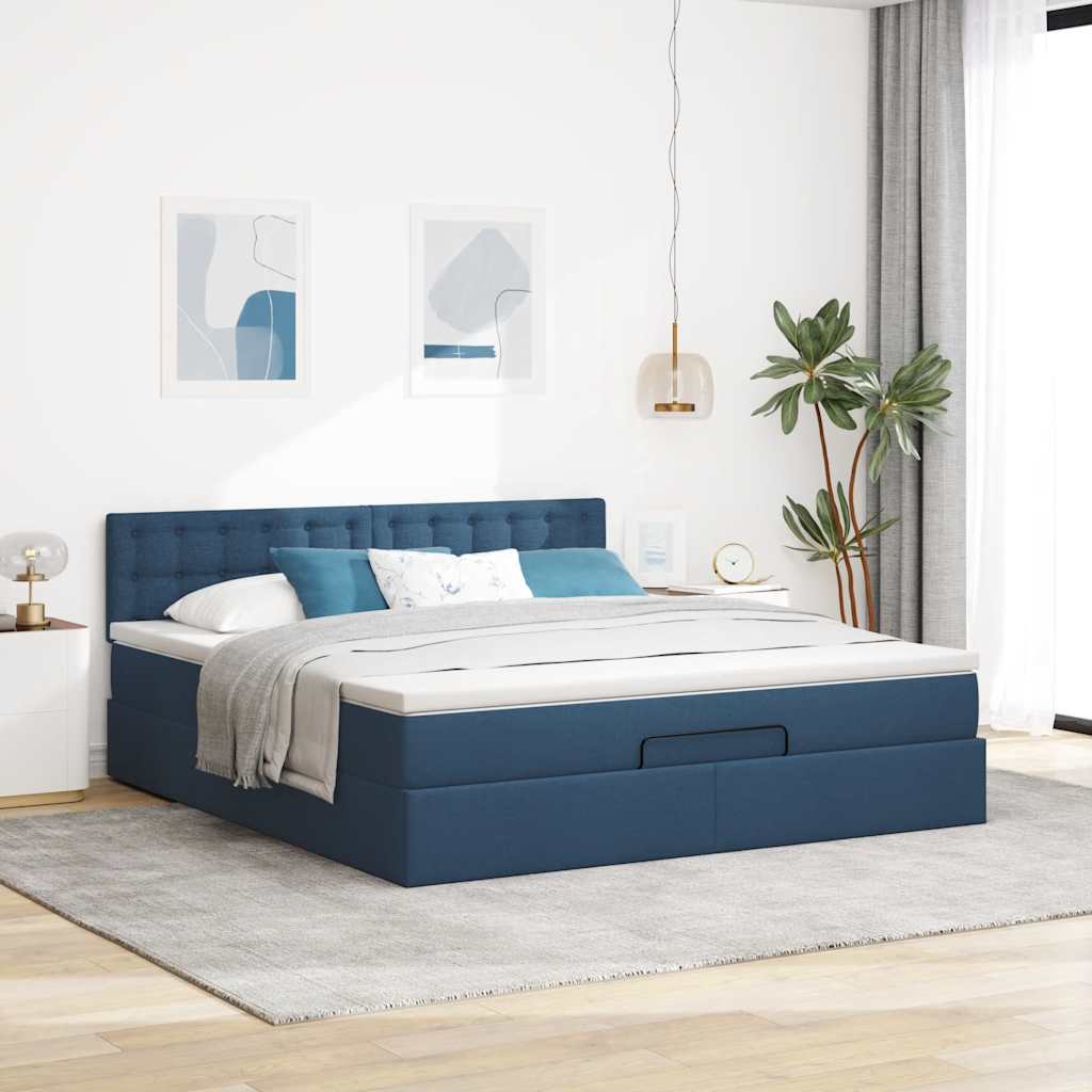 Cadre de lit ottoman avec matelas bleu 160x200 cm tissu - XIOS
