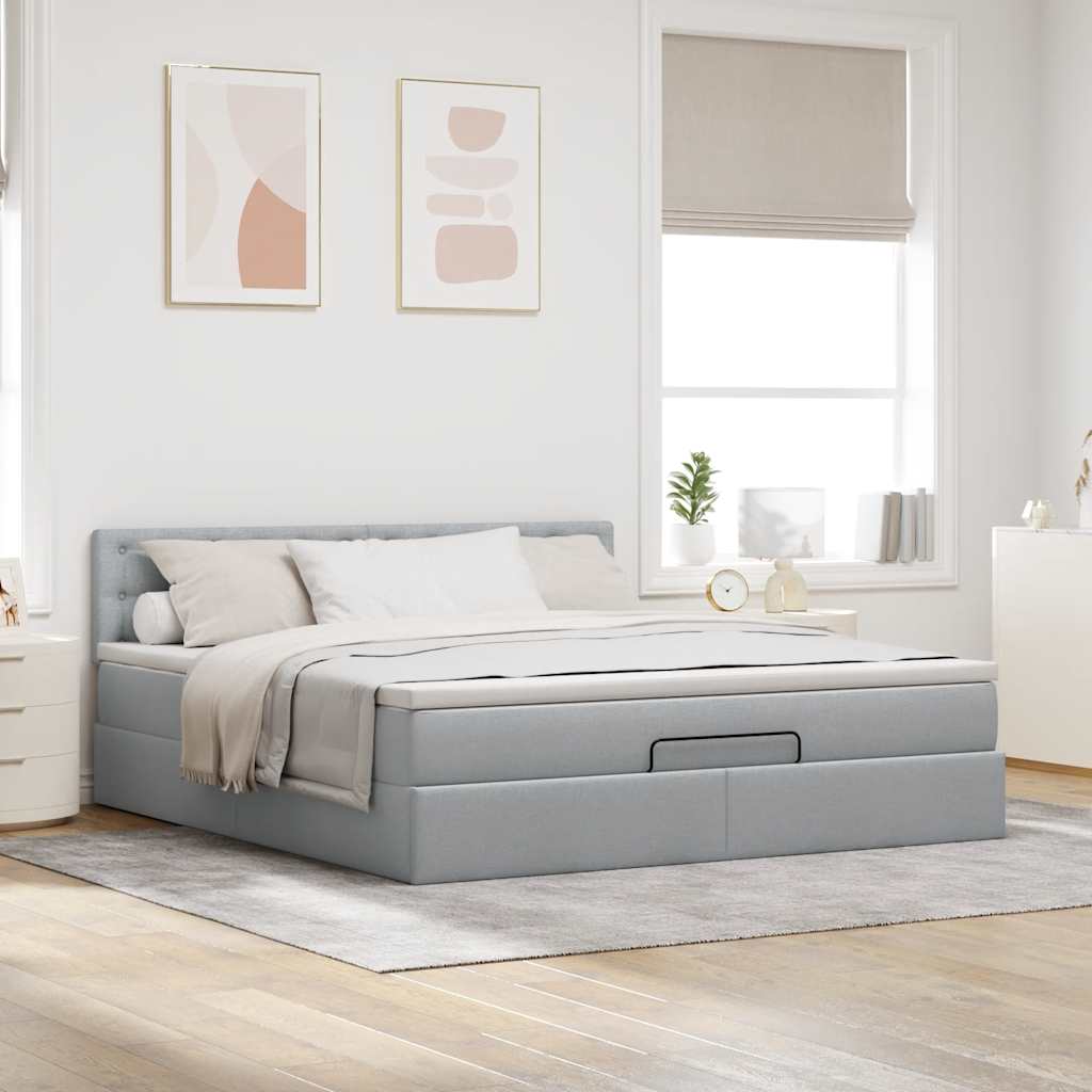 Cadre de lit ottoman et matelas gris clair 180x200 cm tissu - XIOS