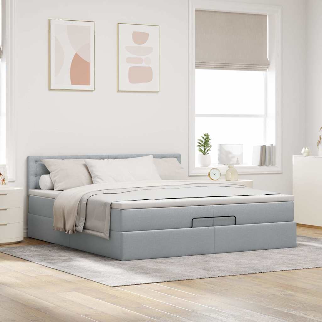 Cadre de lit ottoman avec matelas gris clair 200x200 cm tissu - XIOS
