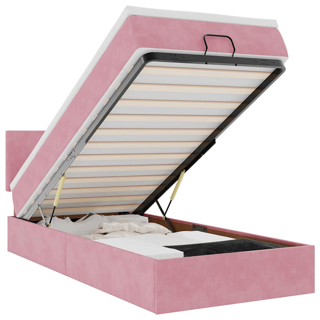 Cadre de lit ottoman avec matelas rose 80x200 cm velours - XIOS