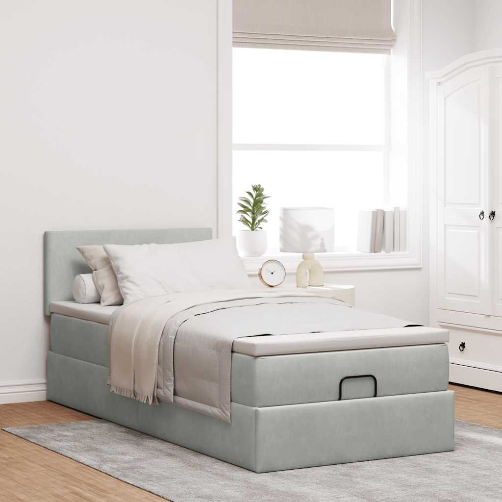 Cadre de lit ottoman et matelas gris clair 90x190 cm velours - XIOS