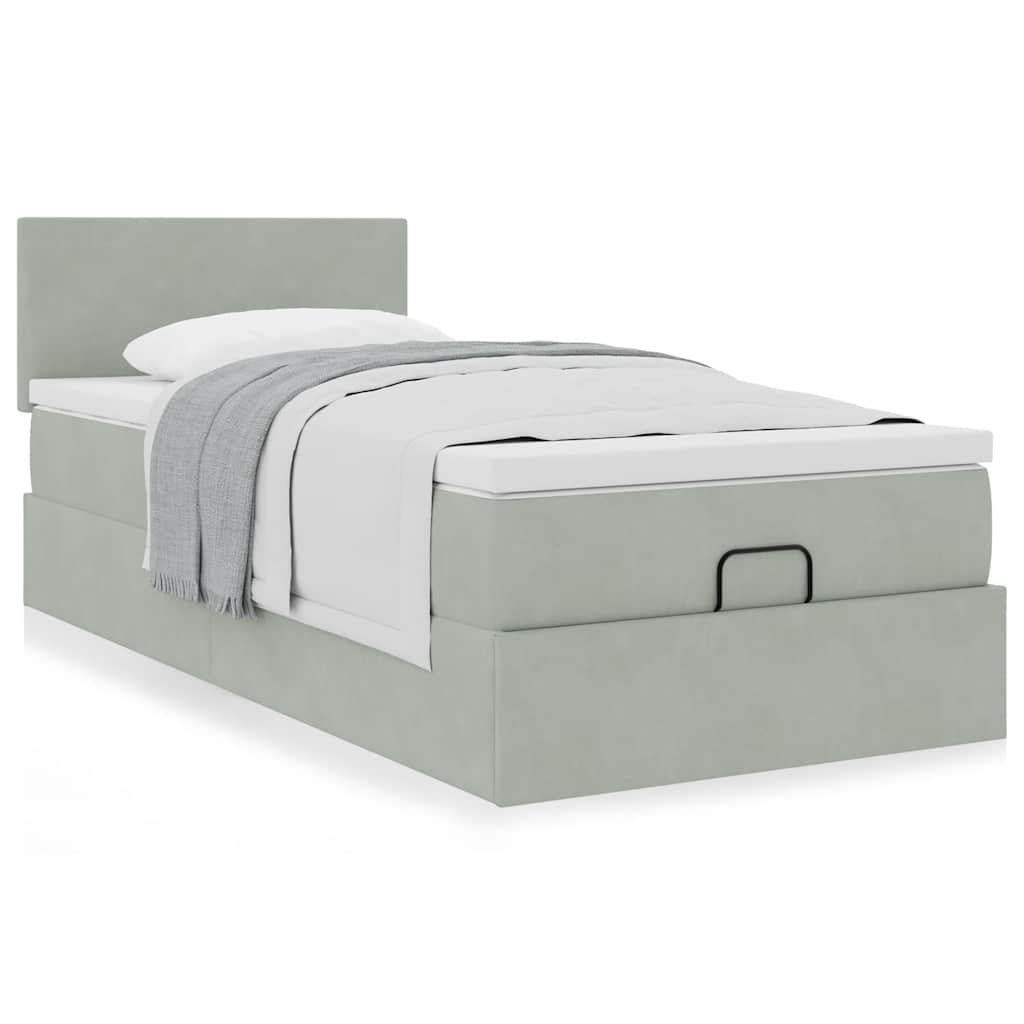 Cadre de lit ottoman et matelas gris clair 90x190 cm velours - XIOS