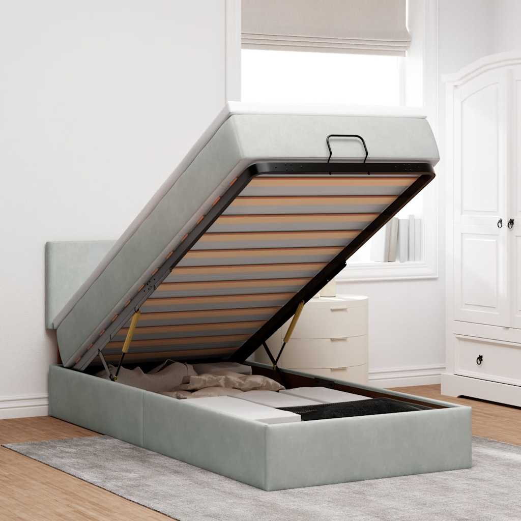 Cadre de lit ottoman et matelas gris clair 90x190 cm velours - XIOS