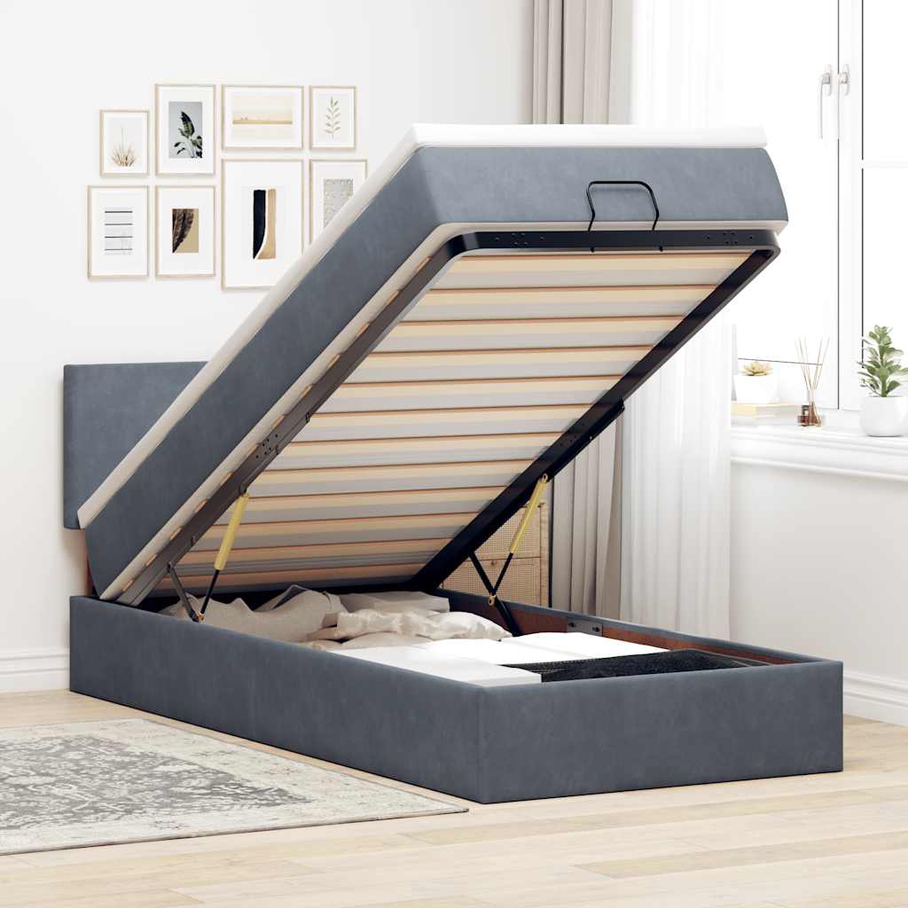 Cadre de lit ottoman avec matelas gris foncé 90x190 cm velours - XIOS