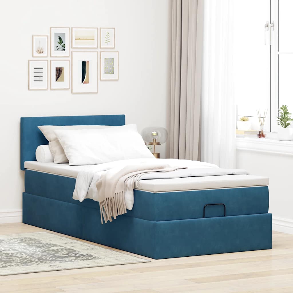 Cadre de lit ottoman avec matelas bleu foncé 90x190 cm velours - XIOS