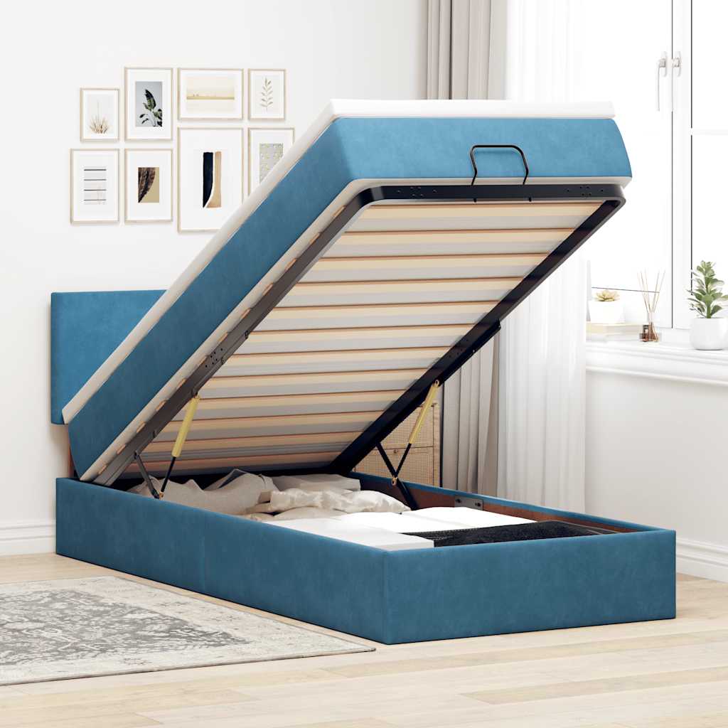 Cadre de lit ottoman avec matelas bleu foncé 90x190 cm velours - XIOS