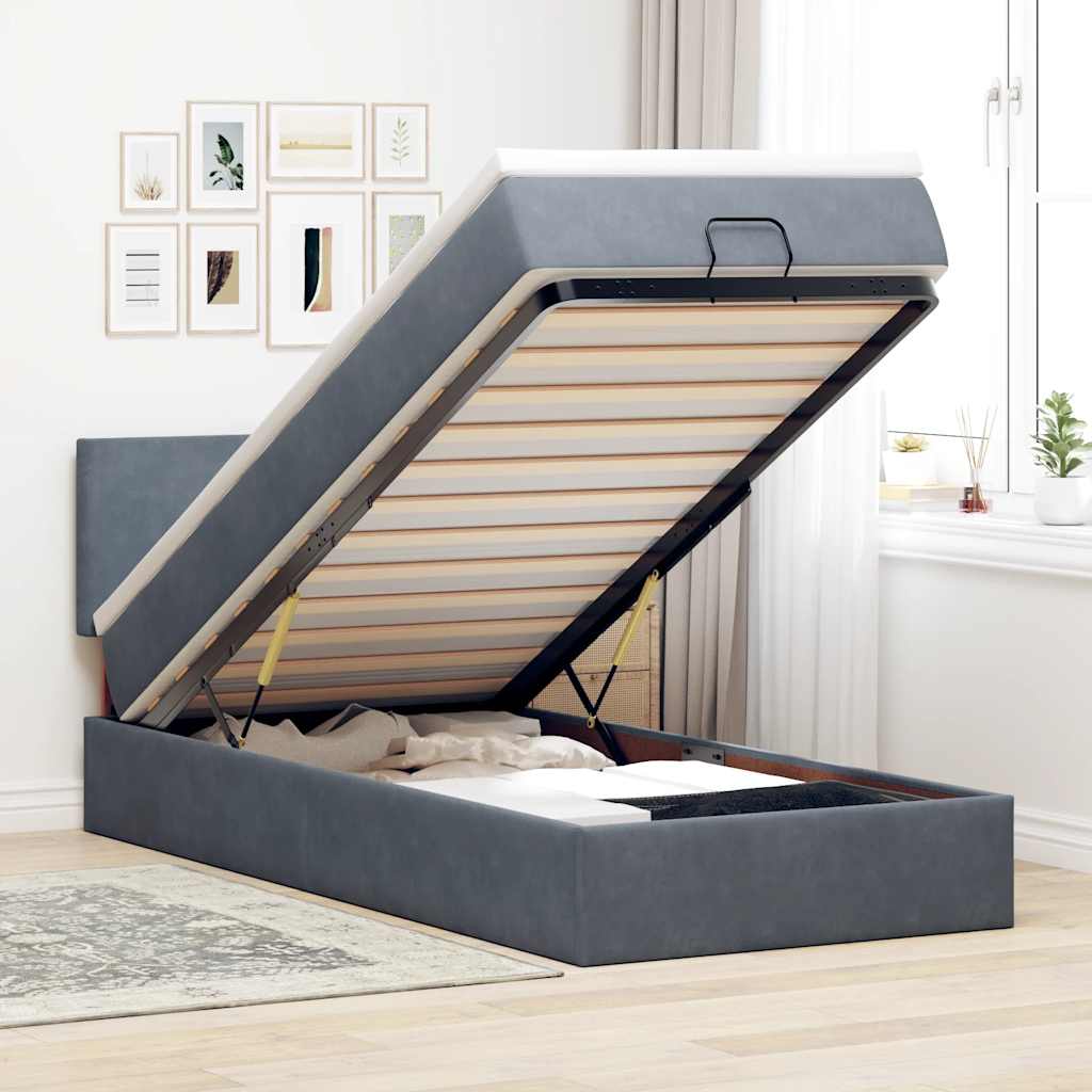 Cadre de lit ottoman et matelas gris foncé 90x200 cm velours - XIOS