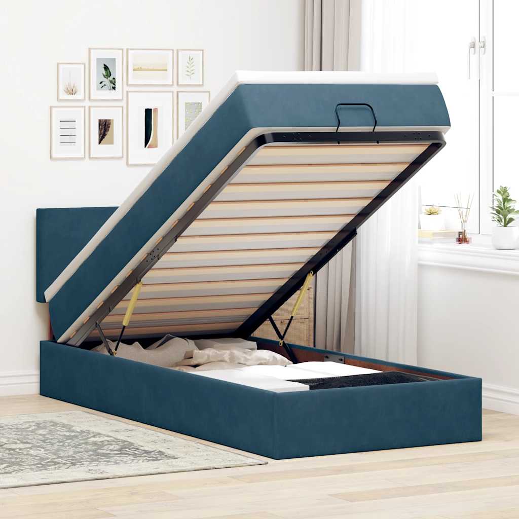 Cadre de lit ottoman avec matelas bleu foncé 90x200 cm velours - XIOS