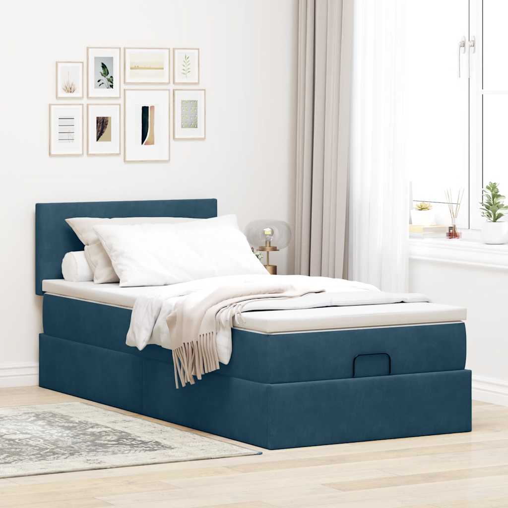 Cadre de lit ottoman avec matelas bleu foncé 100x200 cm velours - XIOS
