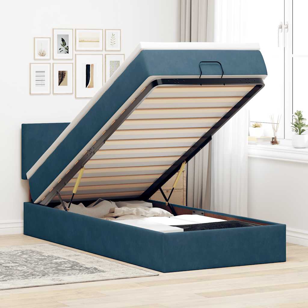 Cadre de lit ottoman avec matelas bleu foncé 100x200 cm velours - XIOS