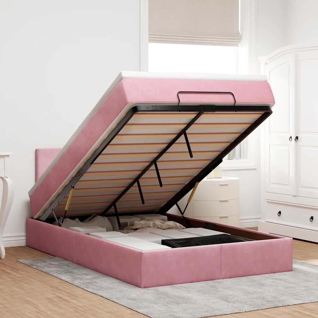 Lit ottoman avec matelas rose 120x190 cm velours - XIOS