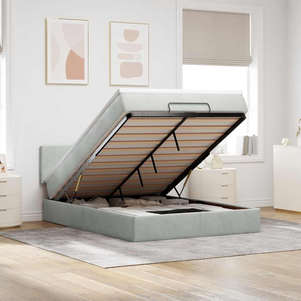 Cadre de lit ottoman et matelas gris clair 140x190 velours - XIOS