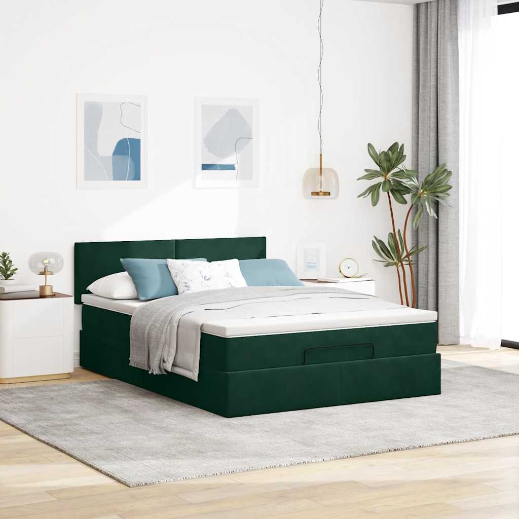 Cadre de lit ottoman avec matelas vert foncé 140x190 cm velours - XIOS