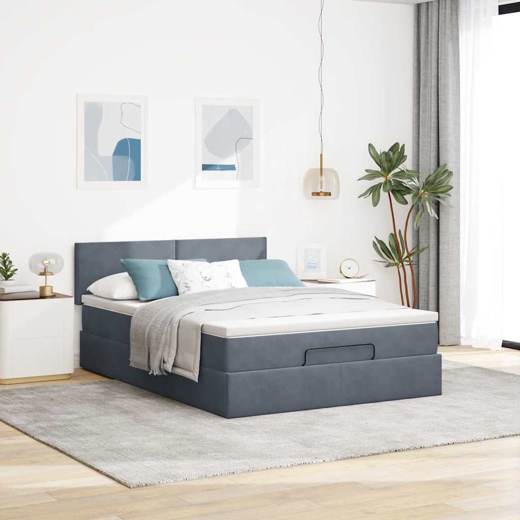 Cadre de lit ottoman avec matelas gris foncé 140x200 cm velours - XIOS