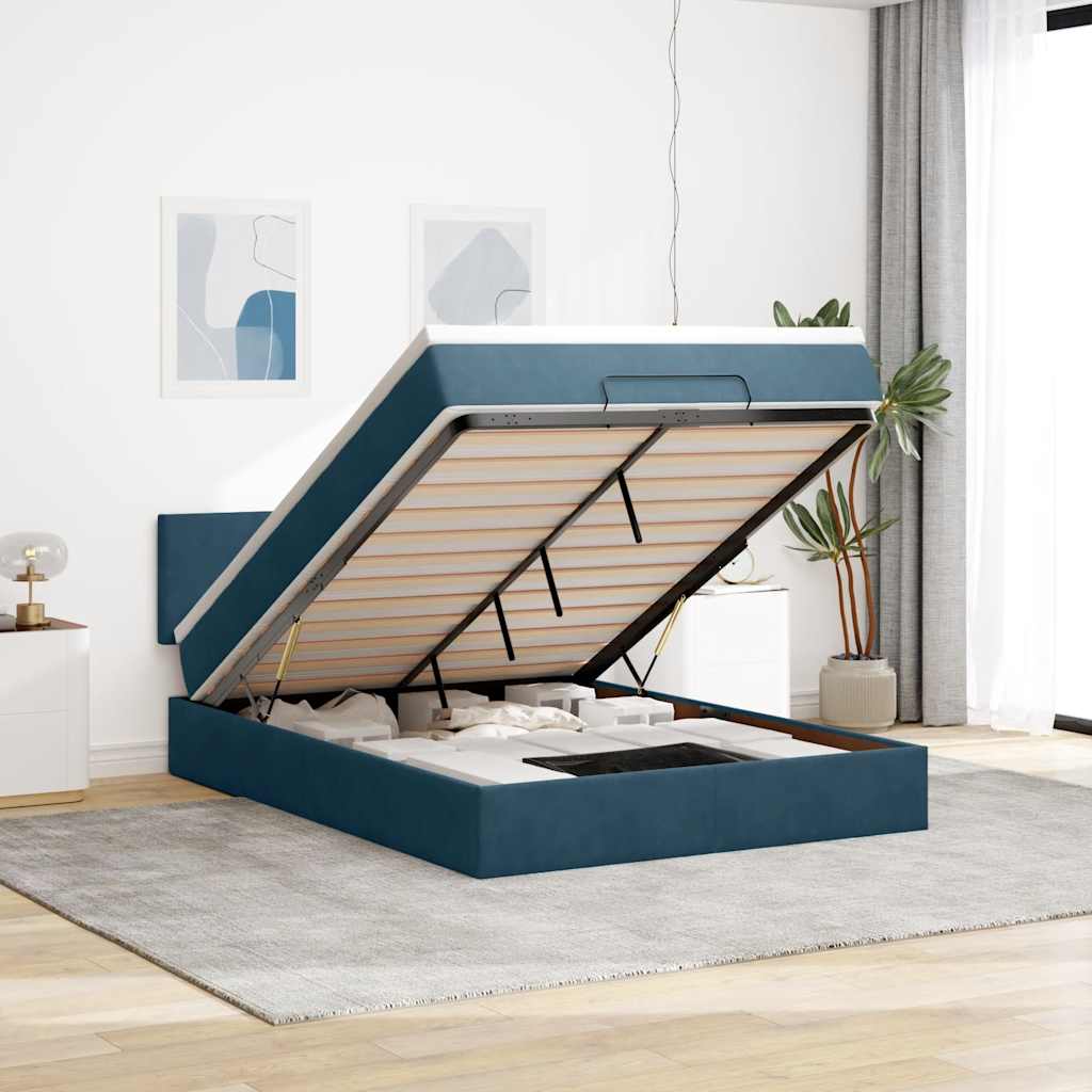 Cadre de lit ottoman avec matelas bleu foncé 140x200 cm velours - XIOS