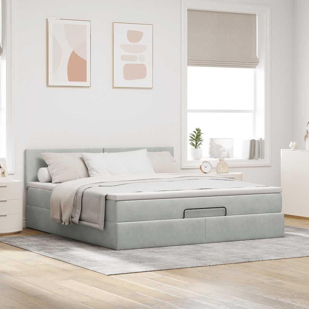 Cadre de lit ottoman avec matelas gris clair 160x200 cm velours - XIOS