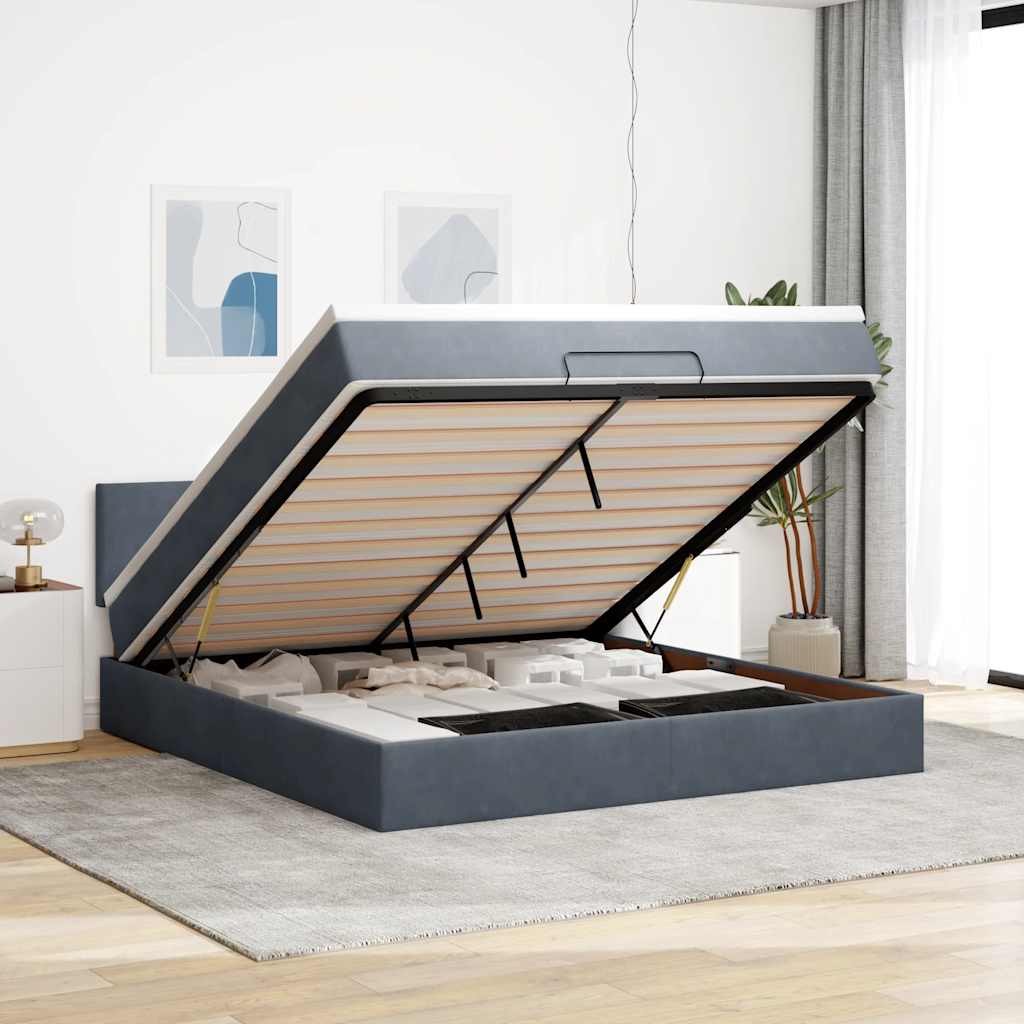 Cadre de lit ottoman avec matelas gris foncé 160x200 cm velours - XIOS