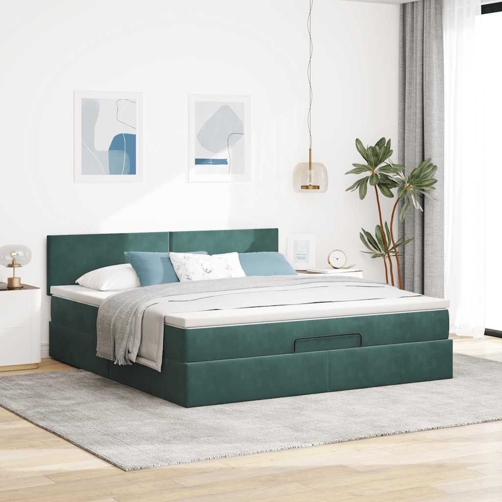 Cadre de lit ottoman avec matelas vert foncé 160x200 cm velours - XIOS