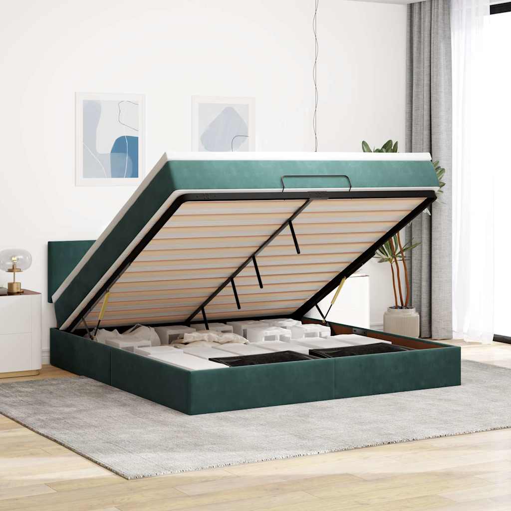 Cadre de lit ottoman avec matelas vert foncé 160x200 cm velours - XIOS