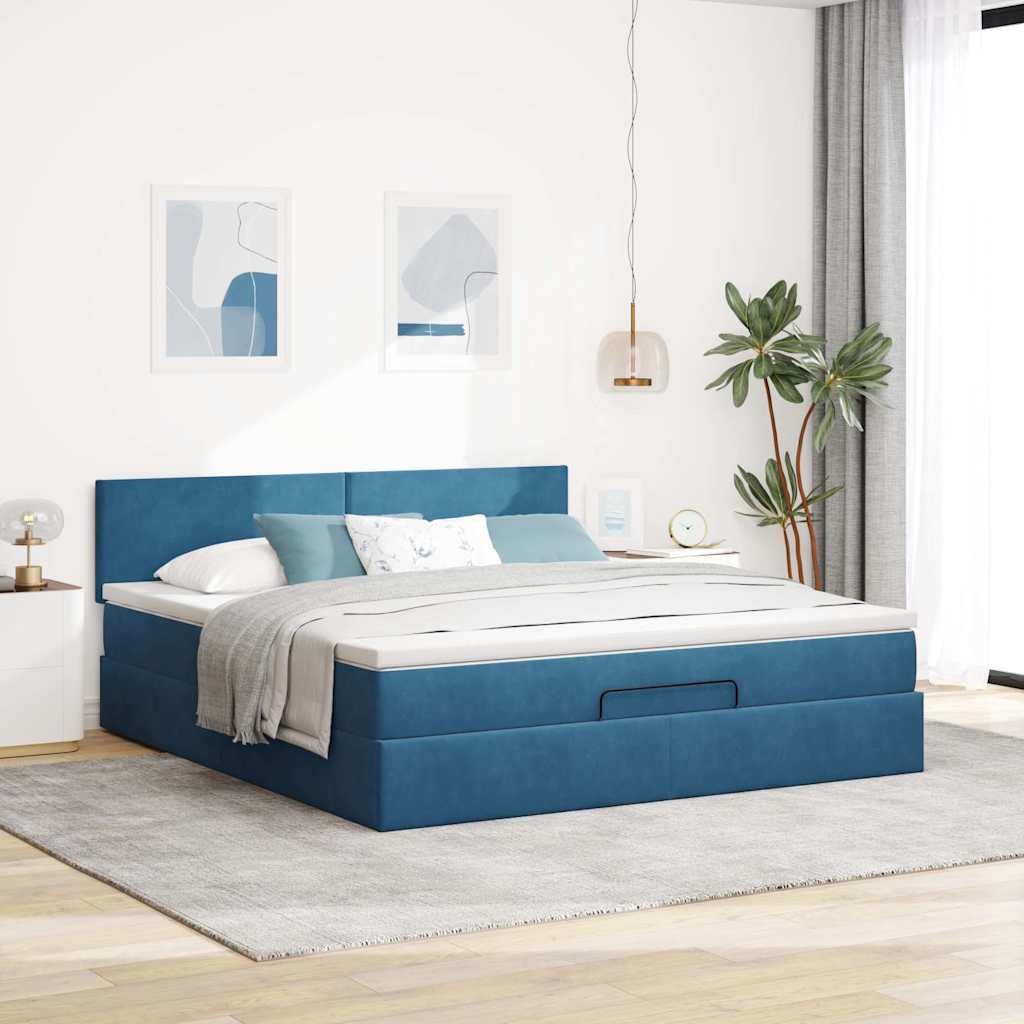Cadre de lit ottoman avec matelas bleu foncé 160x200 cm velours - XIOS