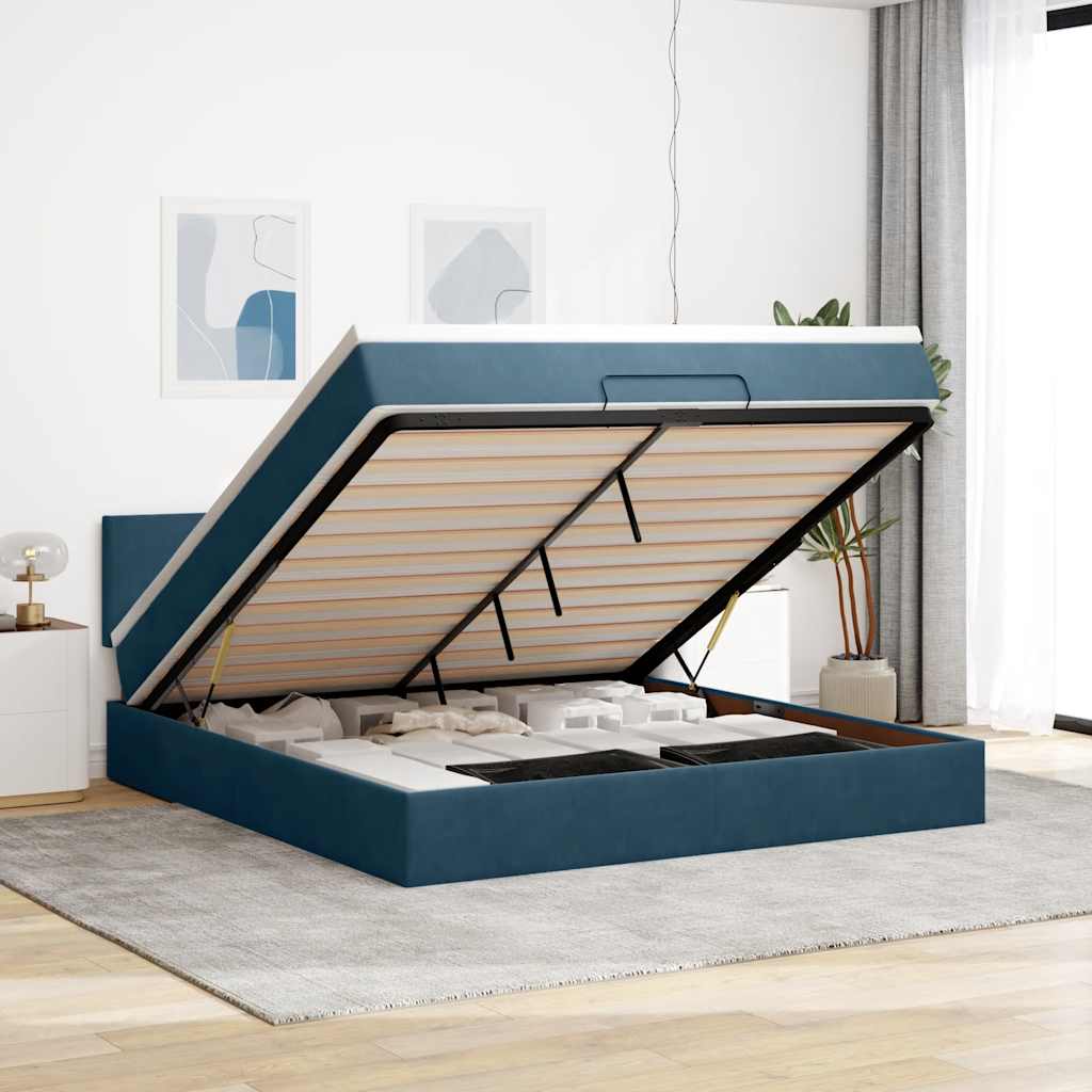 Cadre de lit ottoman avec matelas bleu foncé 160x200 cm velours - XIOS