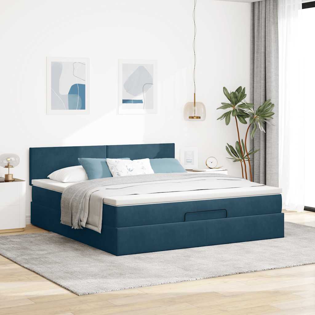Cadre de lit ottoman avec matelas bleu foncé 180x200 cm velours - XIOS
