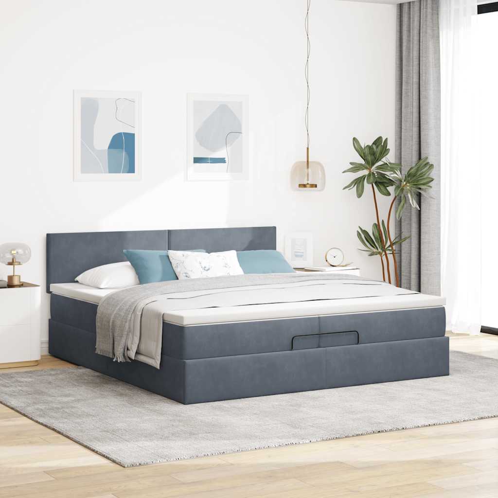 Cadre de lit ottoman avec matelas gris foncé 200x200 cm velours - XIOS